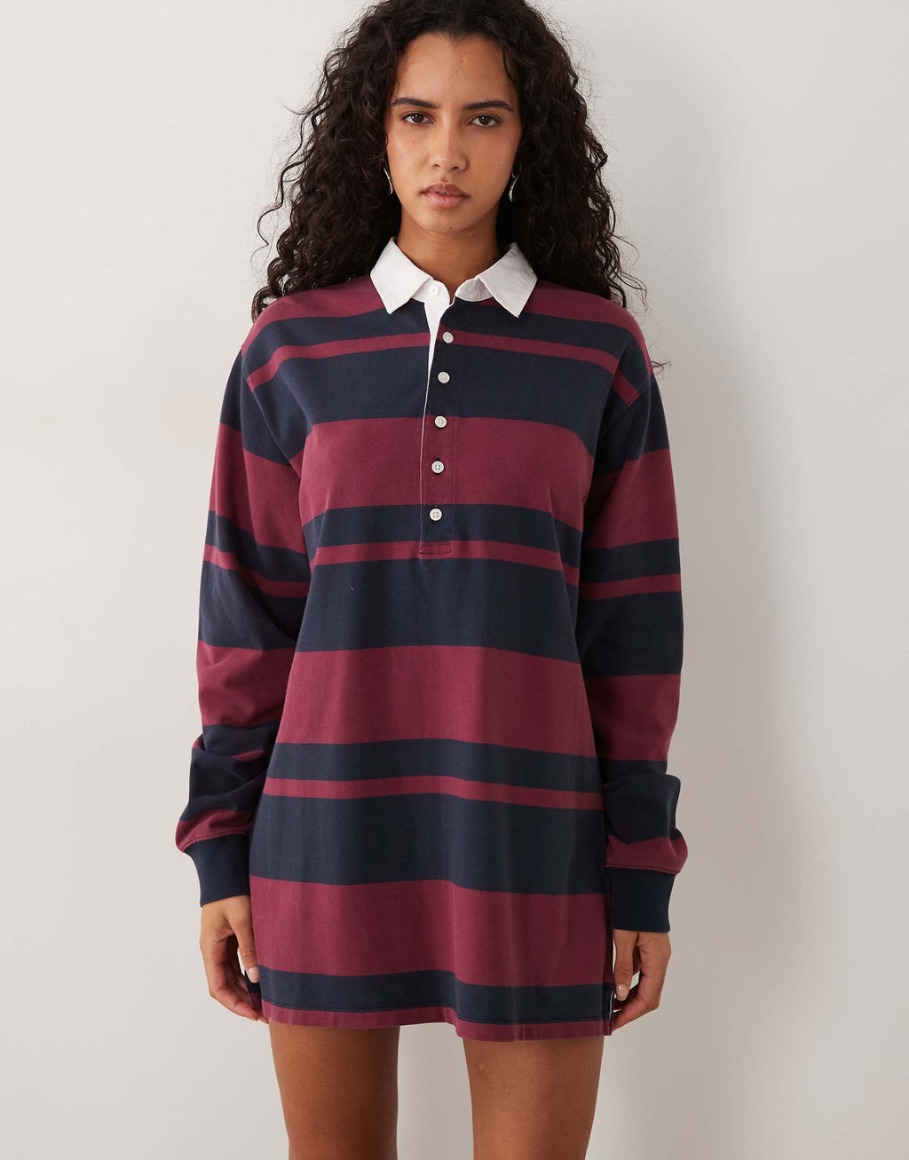 Good American cotton rugby polo mini dress in striped navy and berry