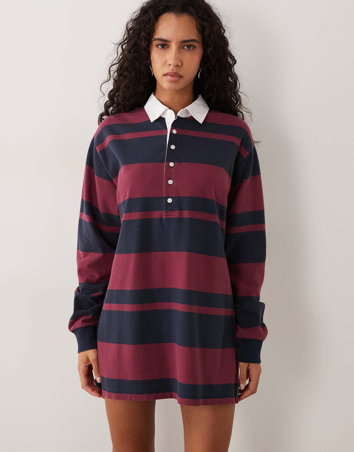Good American cotton rugby polo mini dress in striped navy and berry