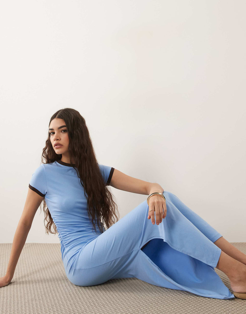 ASOS DESIGN contrast ringer detail midi T-shirt dress in dusty blue