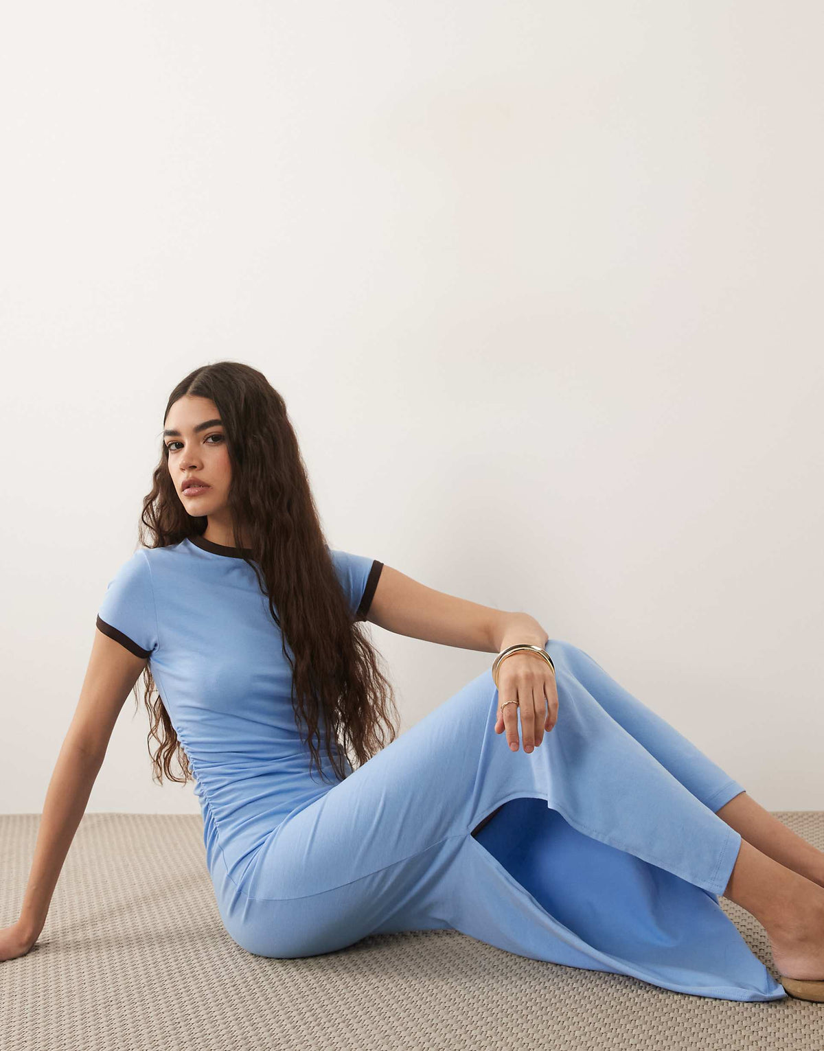 ASOS DESIGN contrast ringer detail midi T-shirt dress in dusty blue