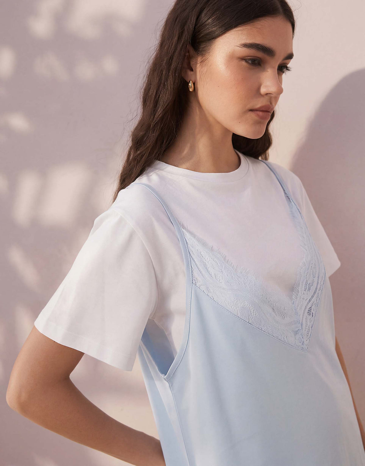 ASOS DESIGN short sleeve lace overlay mini dress in white and light blue