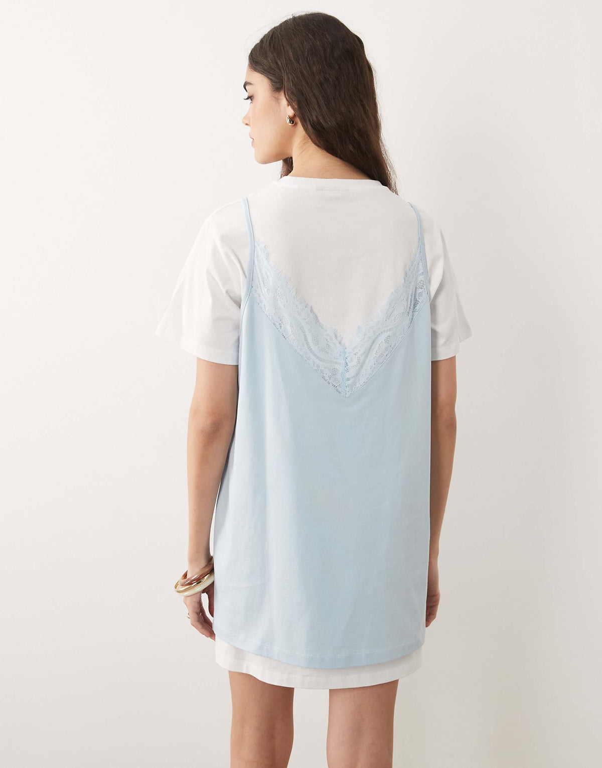 ASOS DESIGN short sleeve lace overlay mini dress in white and light blue