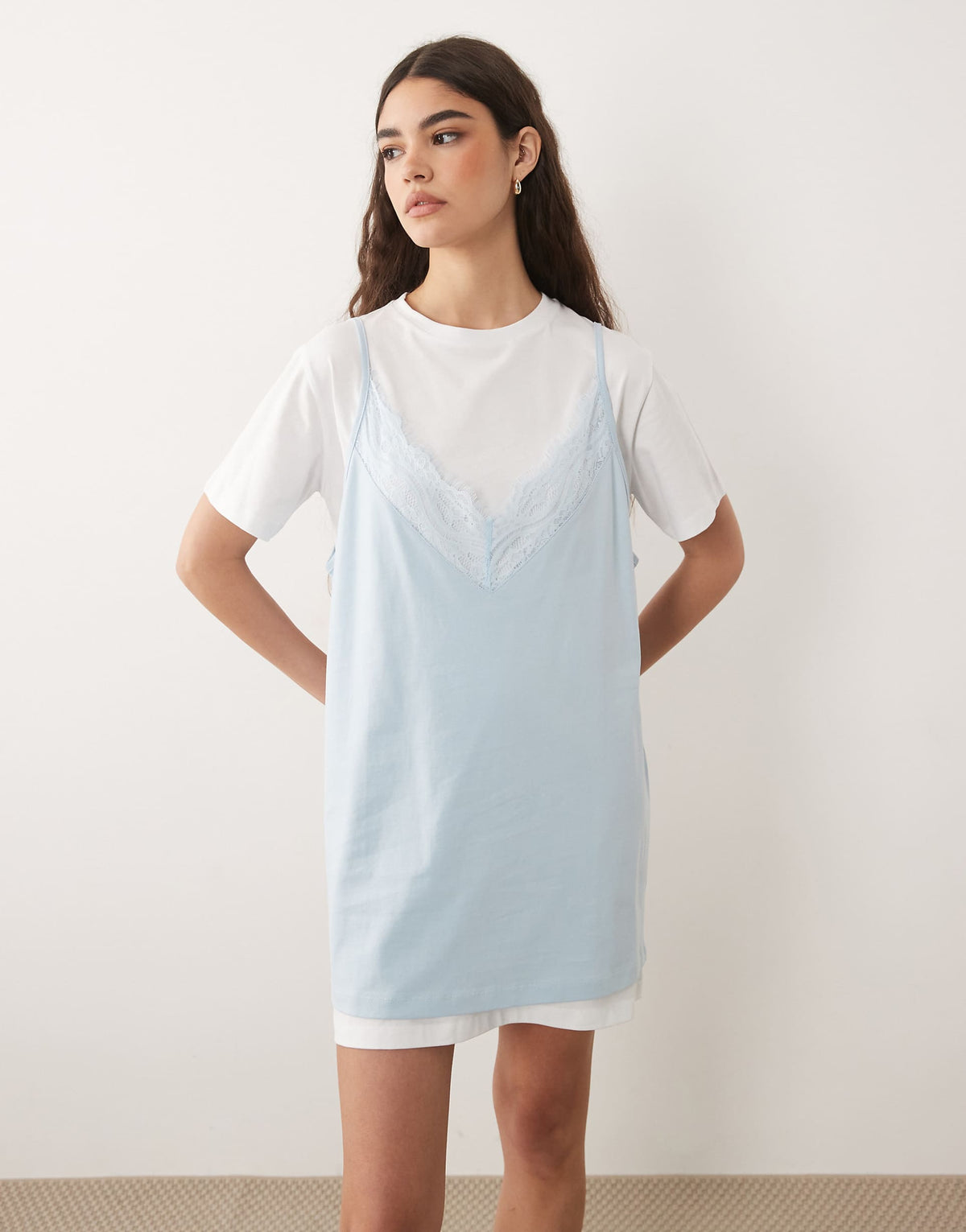ASOS DESIGN short sleeve lace overlay mini dress in white and light blue