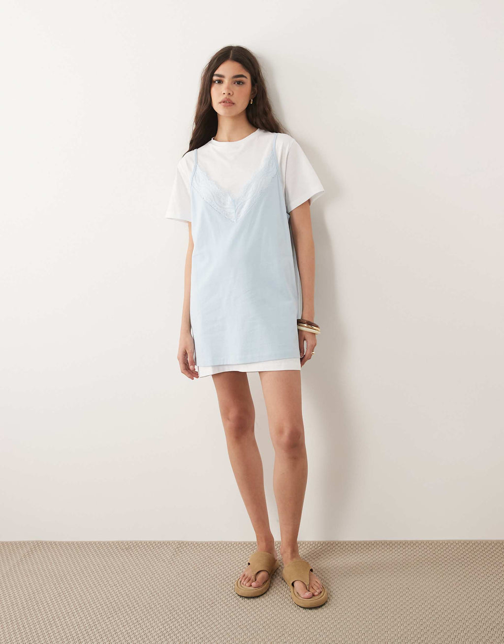 ASOS DESIGN short sleeve lace overlay mini dress in white and light blue