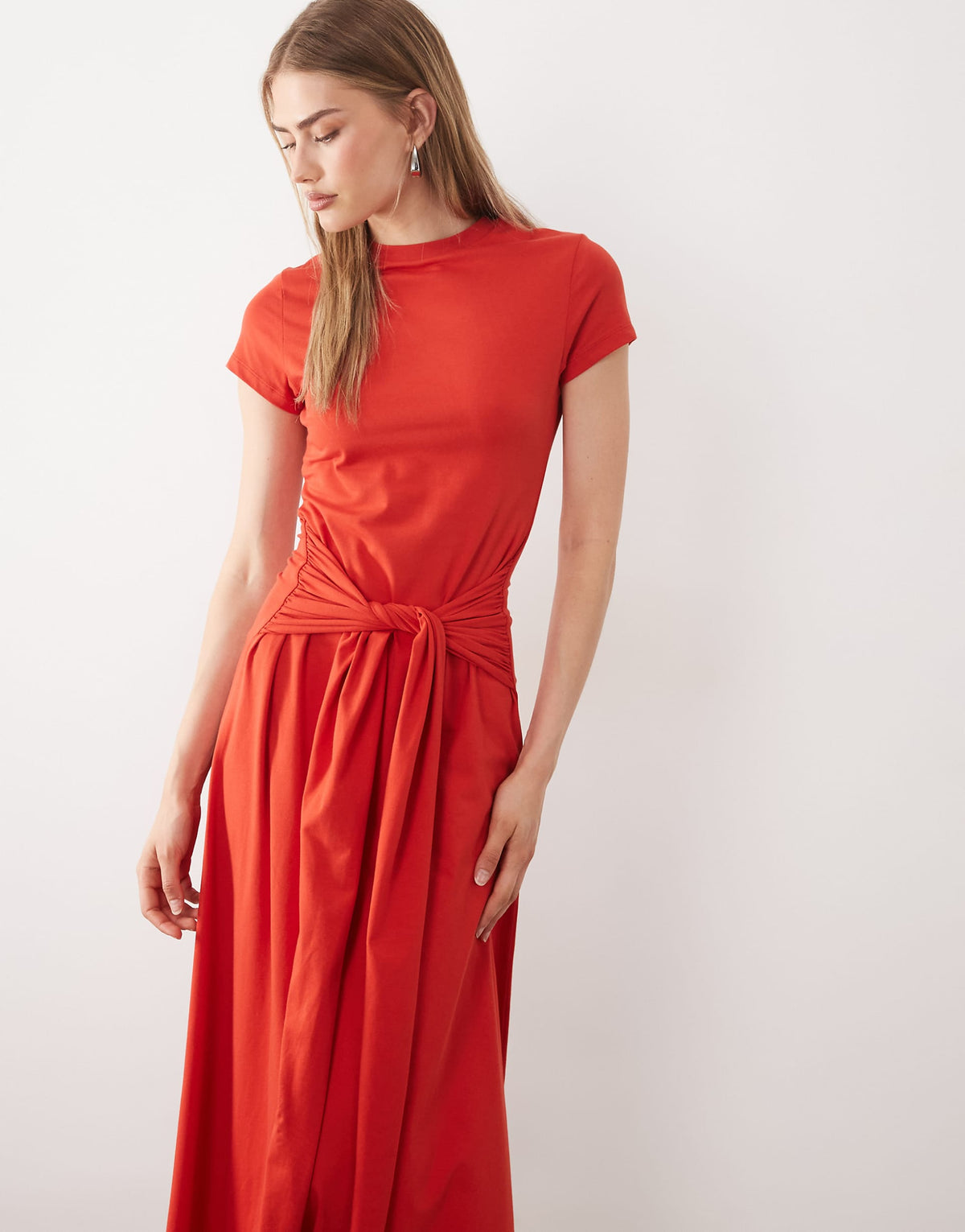 ASOS DESIGN short sleeve midi dress with tie waist in red