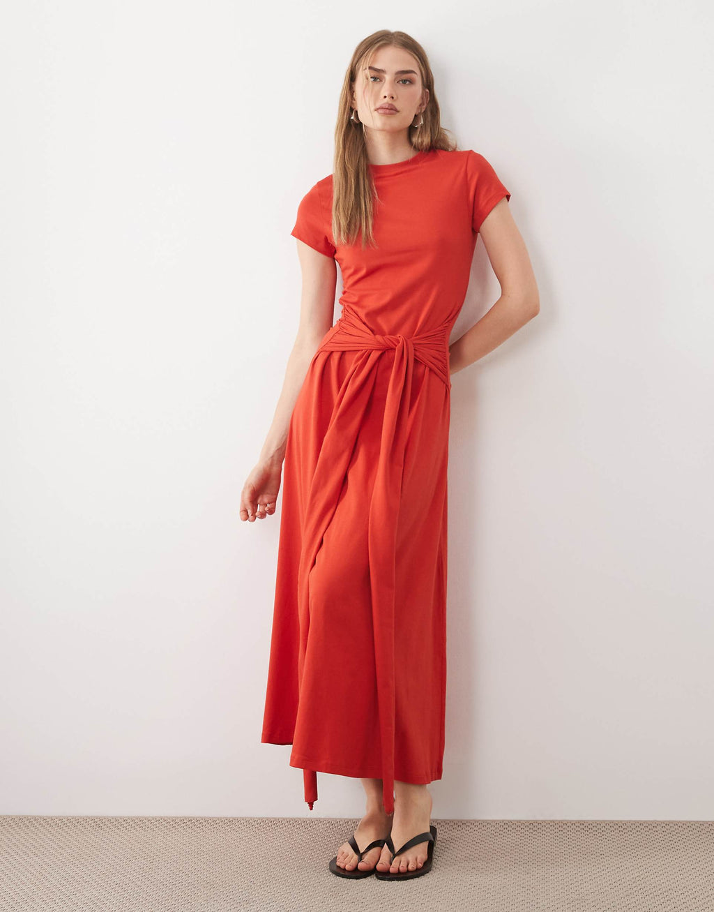 ASOS DESIGN short sleeve midi dress with tie waist in red