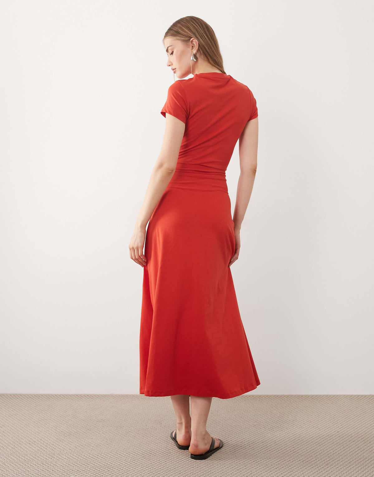 ASOS DESIGN short sleeve midi dress with tie waist in red