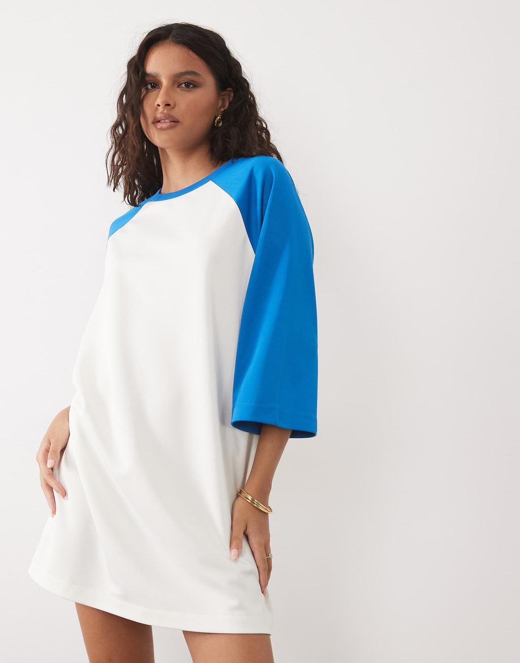 ASOS DESIGN tricot contrast raglan sleeve mini T-shirt dress in bright blue and white