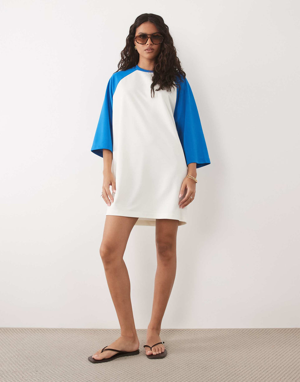 ASOS DESIGN tricot contrast raglan sleeve mini T-shirt dress in bright blue and white
