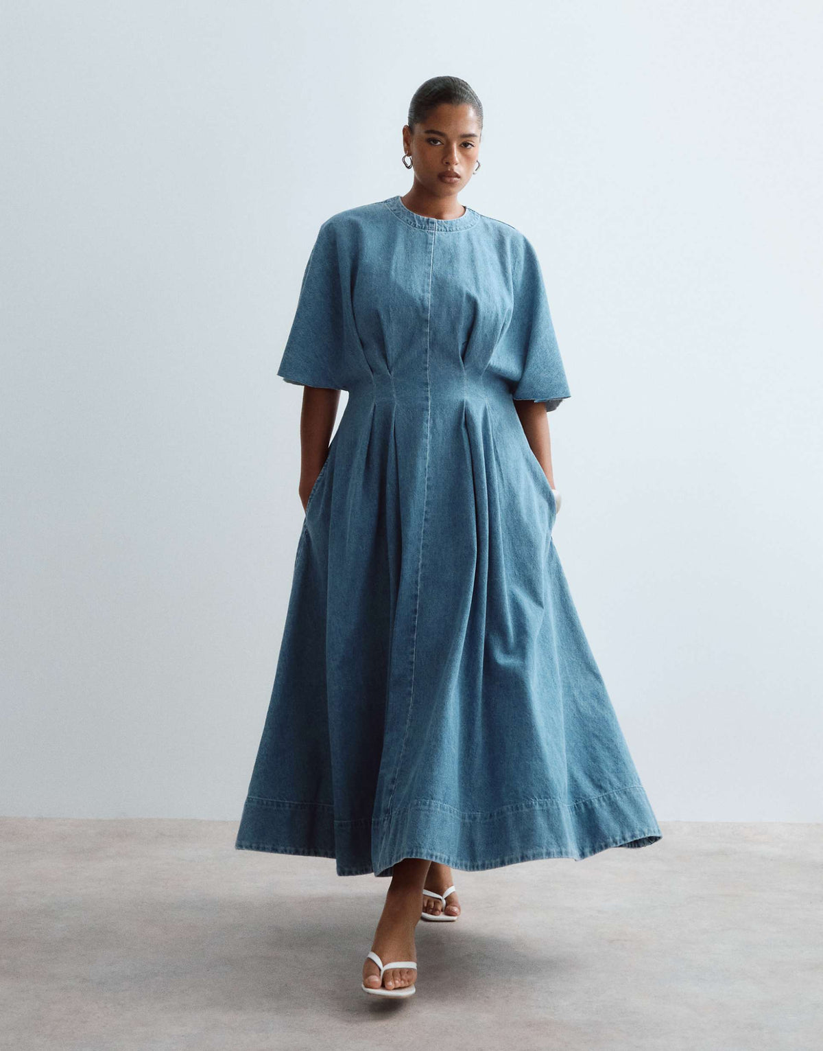 ARRANGE Curve cinched waist denim midi dress in mid wash blue