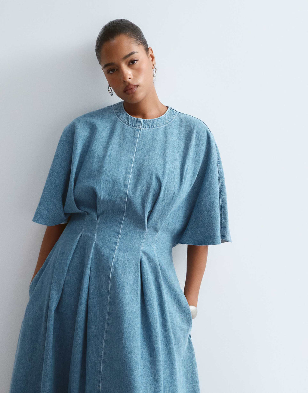 ARRANGE Curve cinched waist denim midi dress in mid wash blue