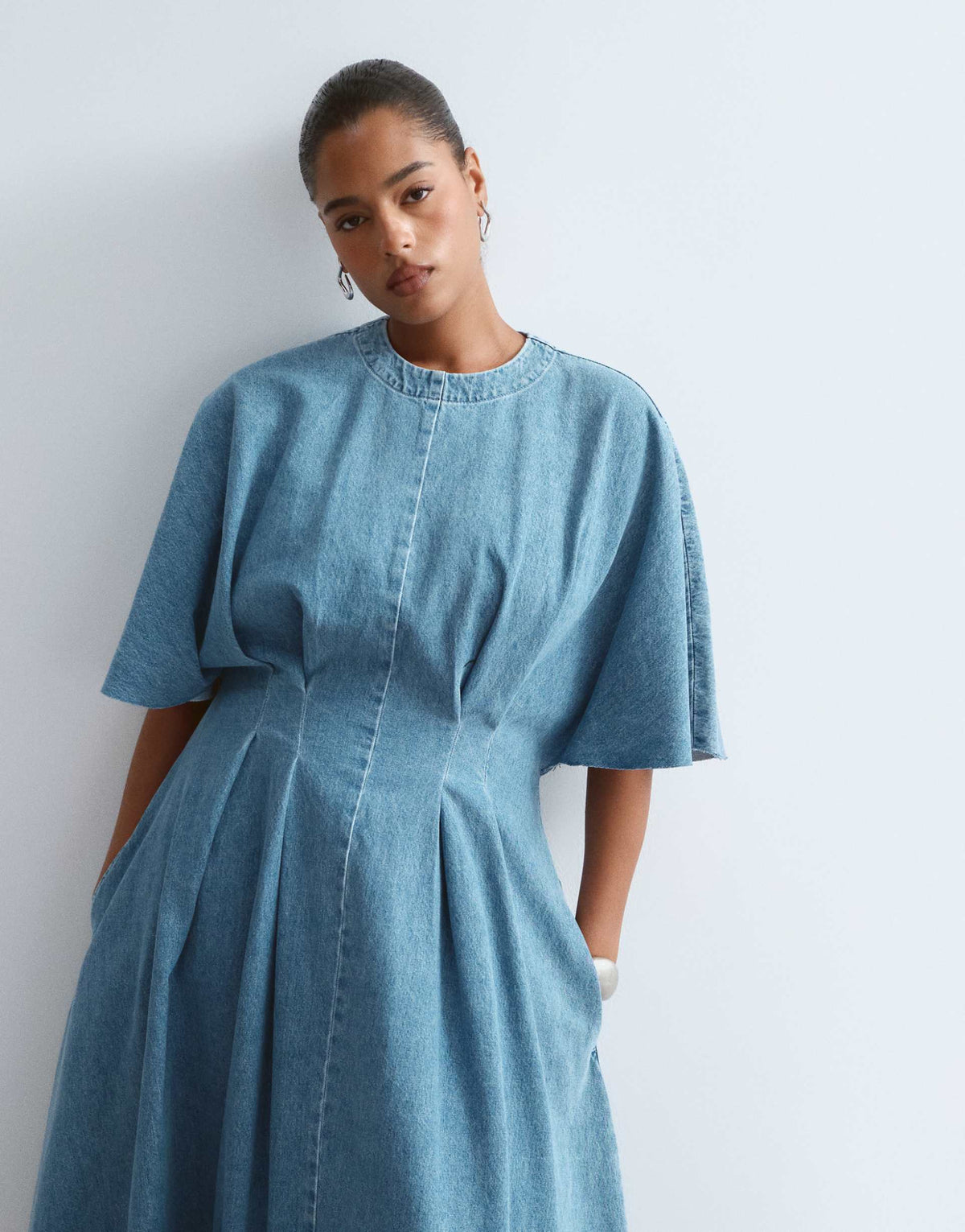 ARRANGE Curve cinched waist denim midi dress in mid wash blue