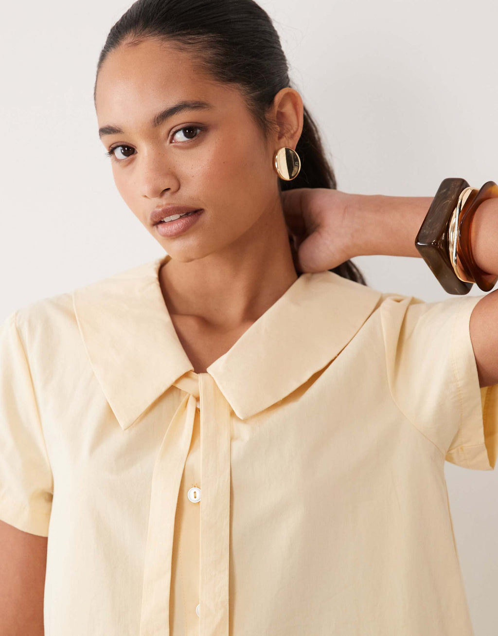 Miss Selfridge collared poplin mini dress with tie detail in buttermilk