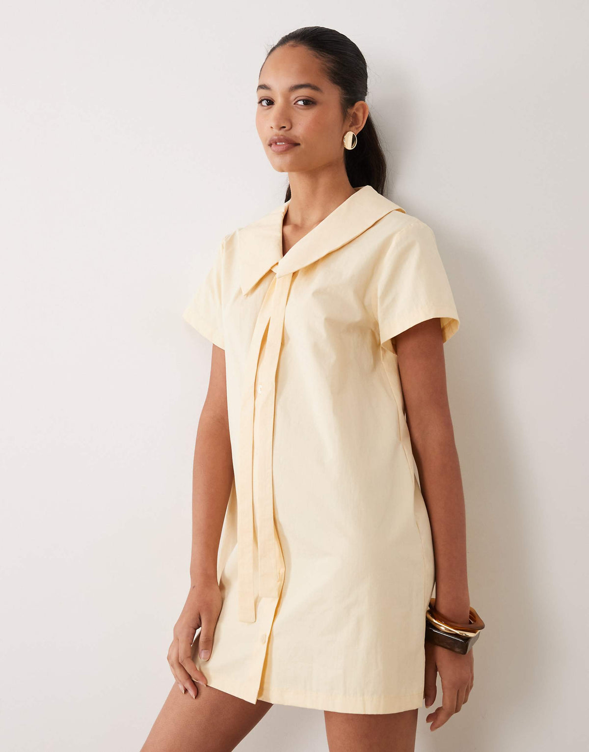 Miss Selfridge collared poplin mini dress with tie detail in buttermilk