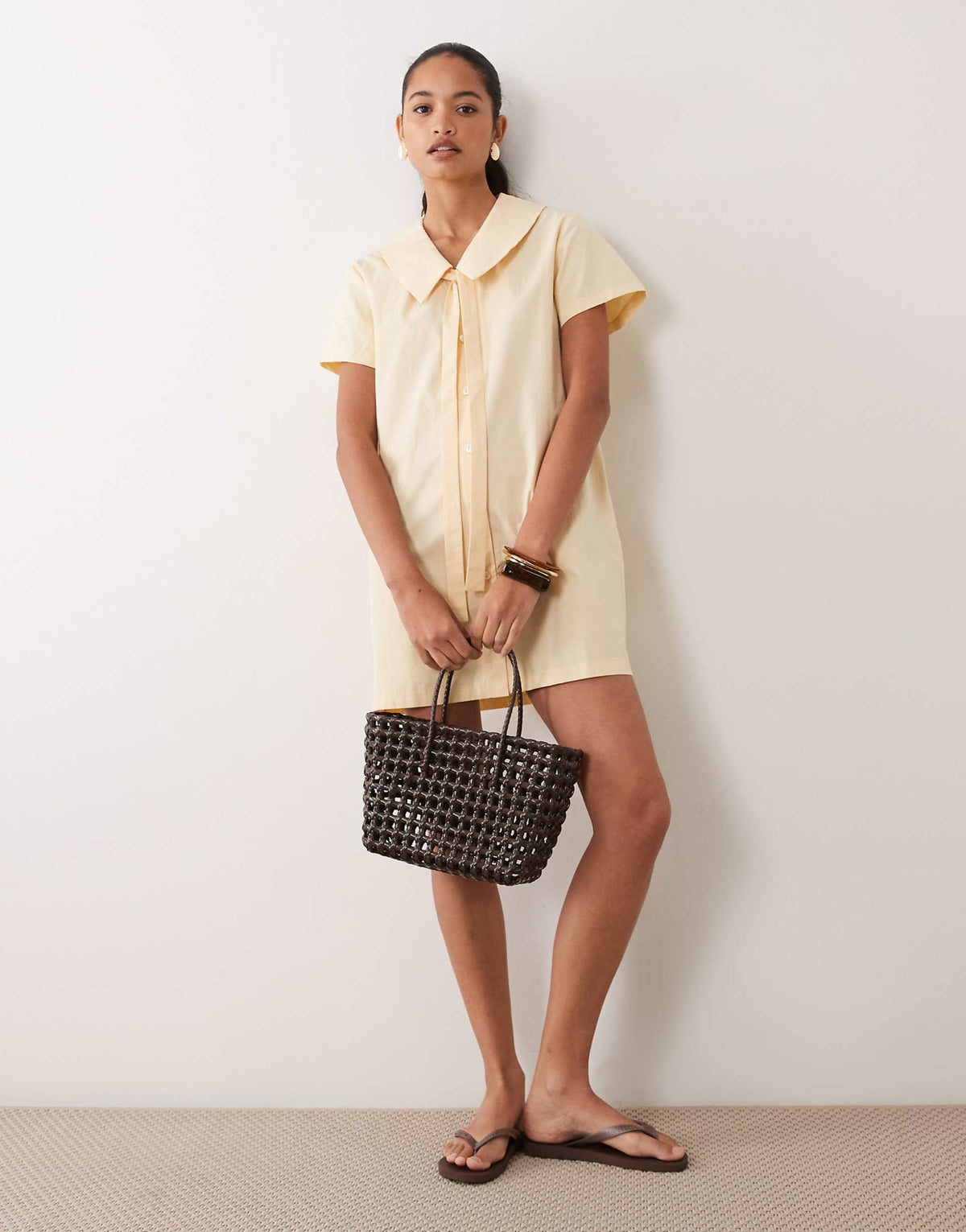 Miss Selfridge collared poplin mini dress with tie detail in buttermilk