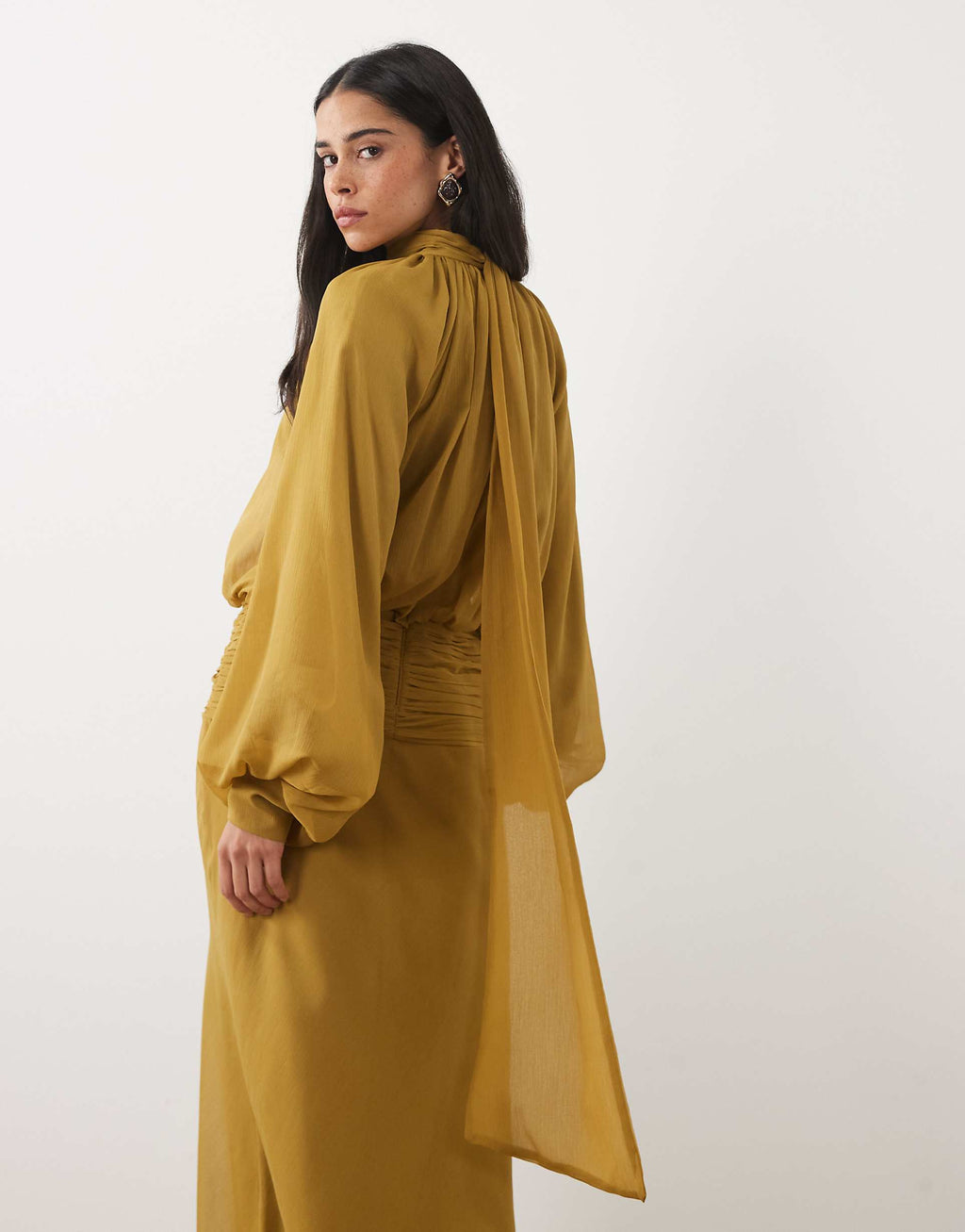 ASOS DESIGN high neck drape chiffon maxi dress with neck tie in ochre