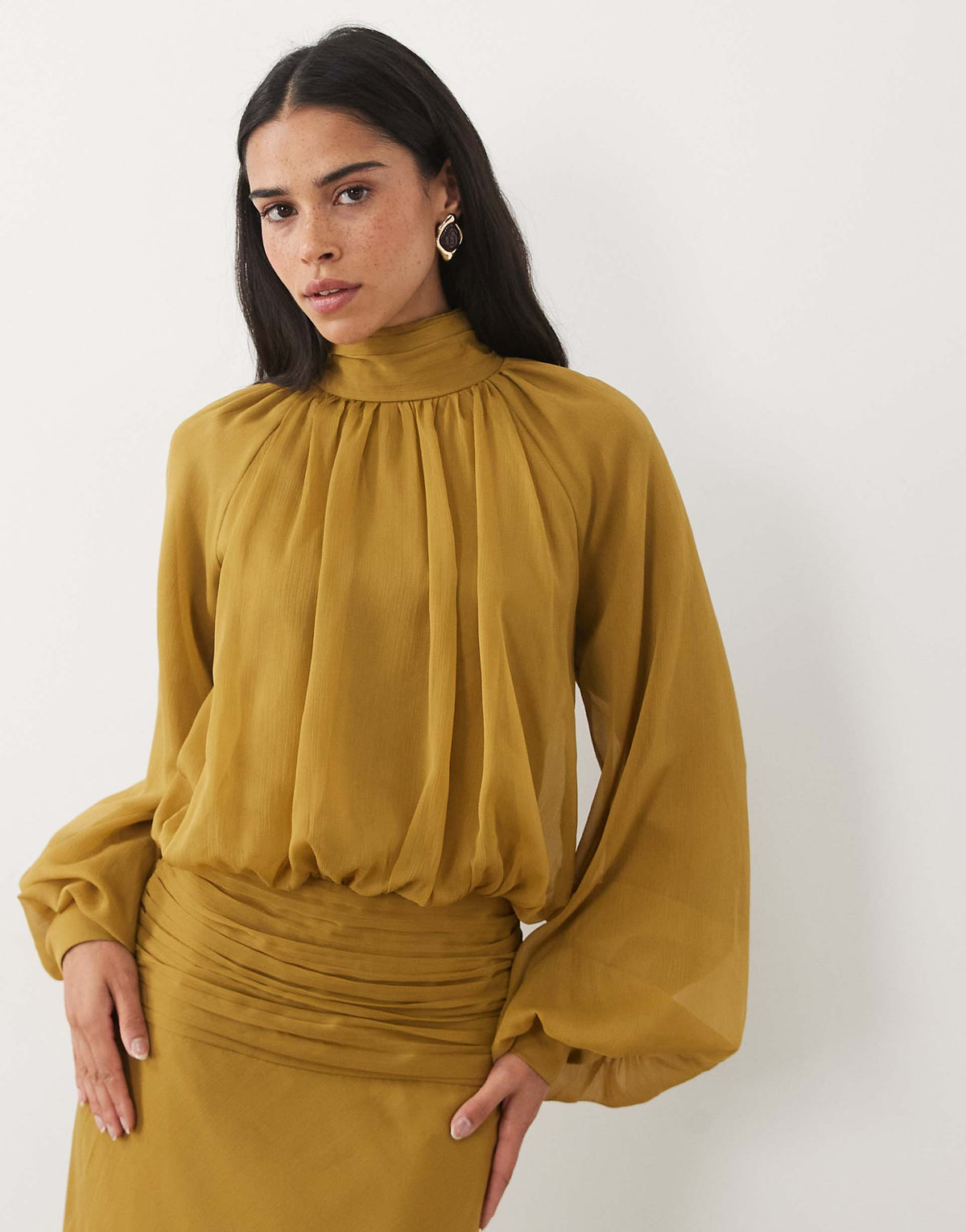 ASOS DESIGN high neck drape chiffon maxi dress with neck tie in ochre