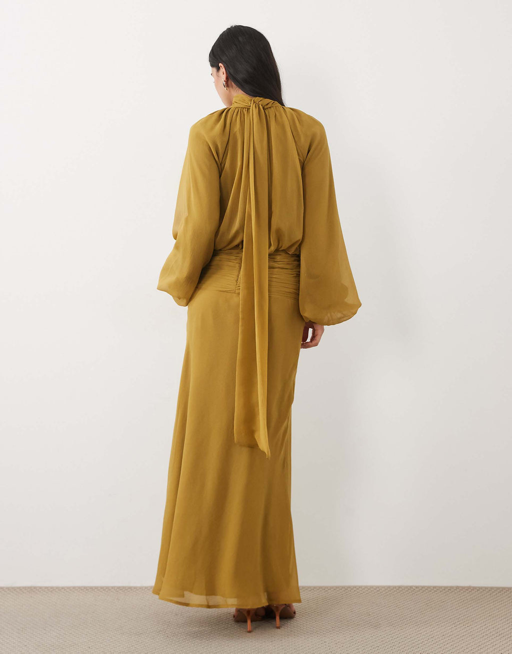 ASOS DESIGN high neck drape chiffon maxi dress with neck tie in ochre