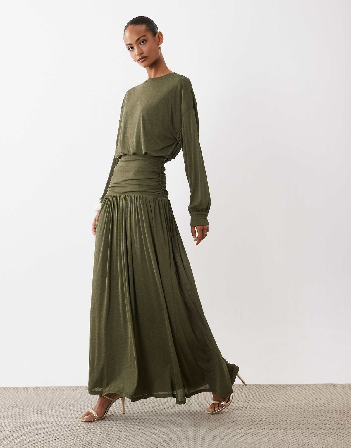 Daska lightweight ruched drop waist drape detail maxi dress in khaki
