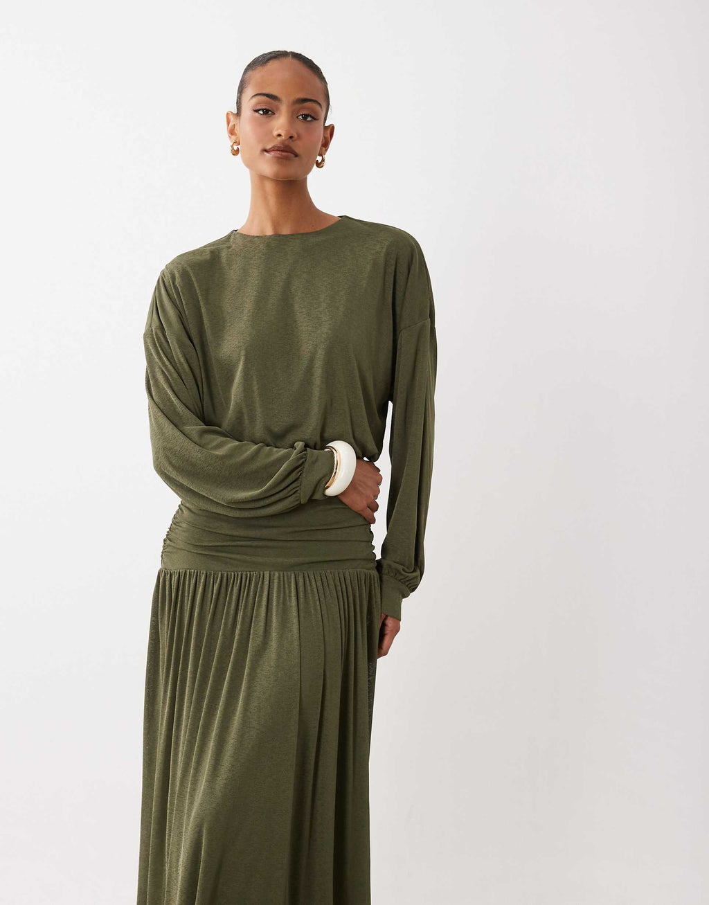 Daska lightweight ruched drop waist drape detail maxi dress in khaki