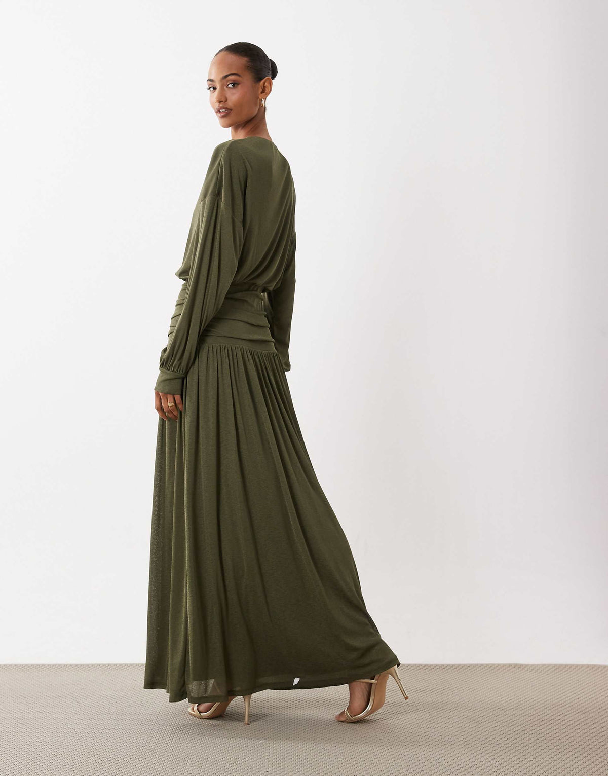 Daska lightweight ruched drop waist drape detail maxi dress in khaki