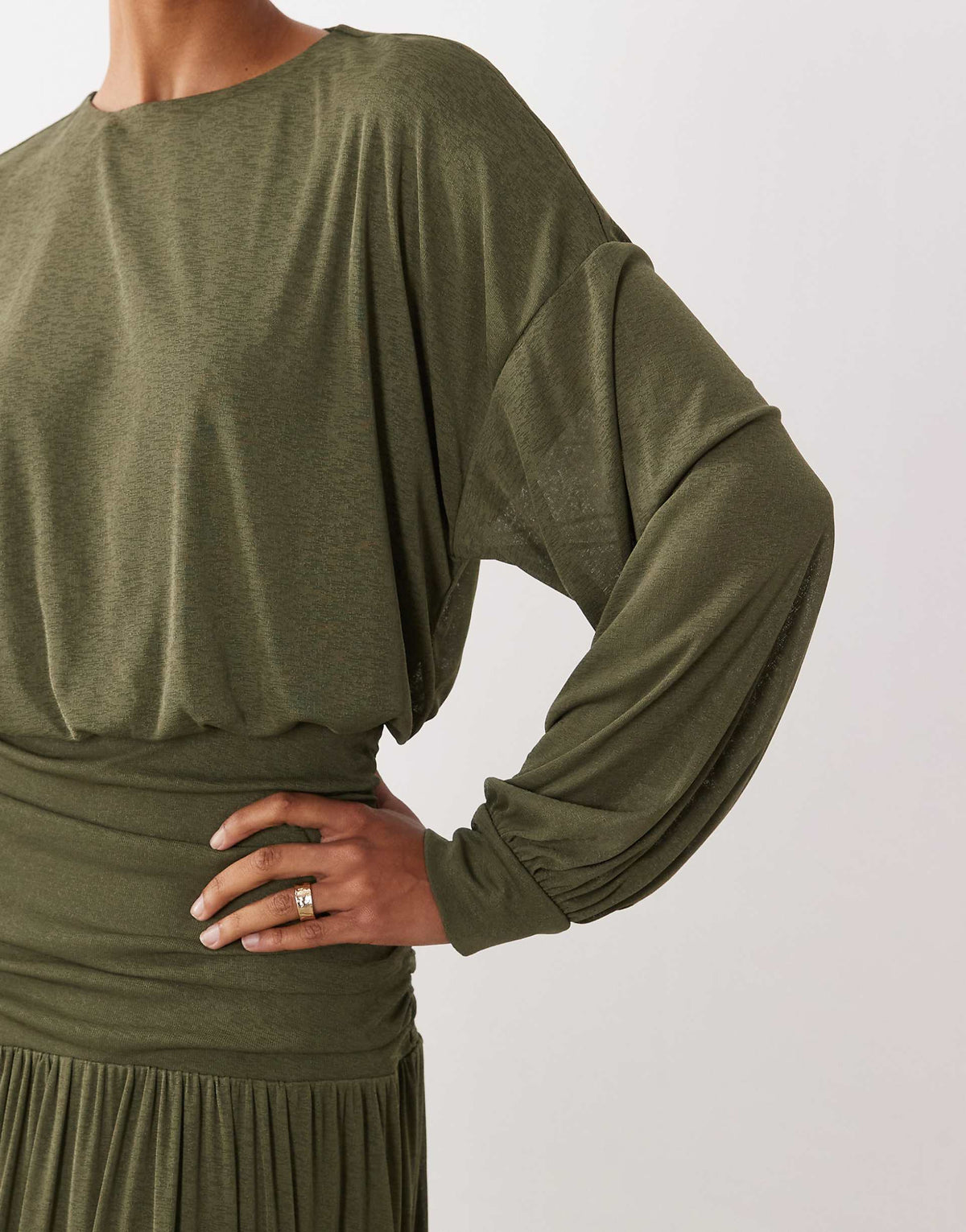 Daska lightweight ruched drop waist drape detail maxi dress in khaki