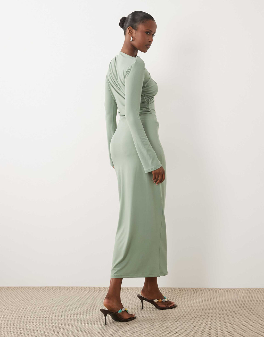 ASOS DESIGN asymmetric drape slash neck maxi dress in sage green