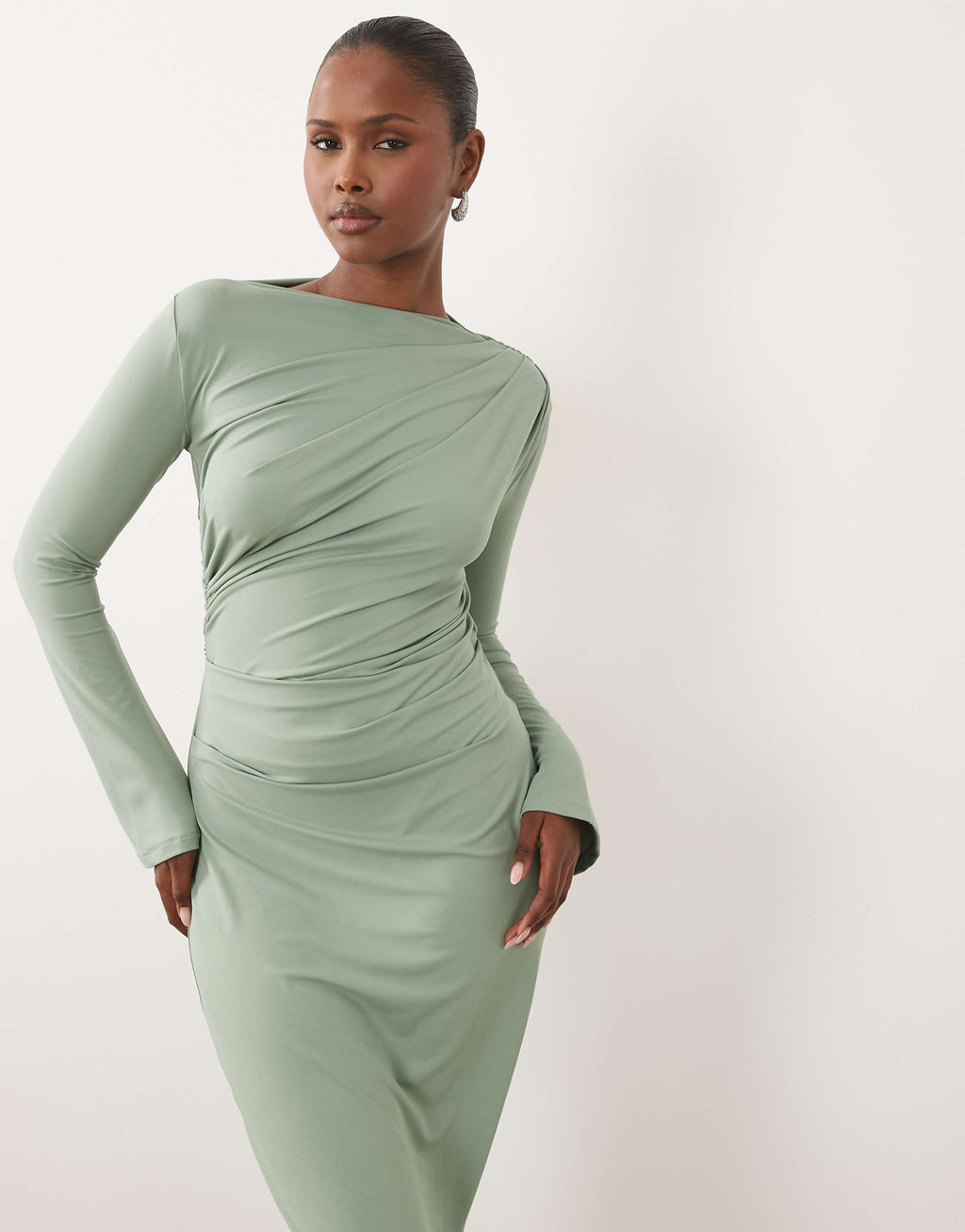 ASOS DESIGN asymmetric drape slash neck maxi dress in sage green