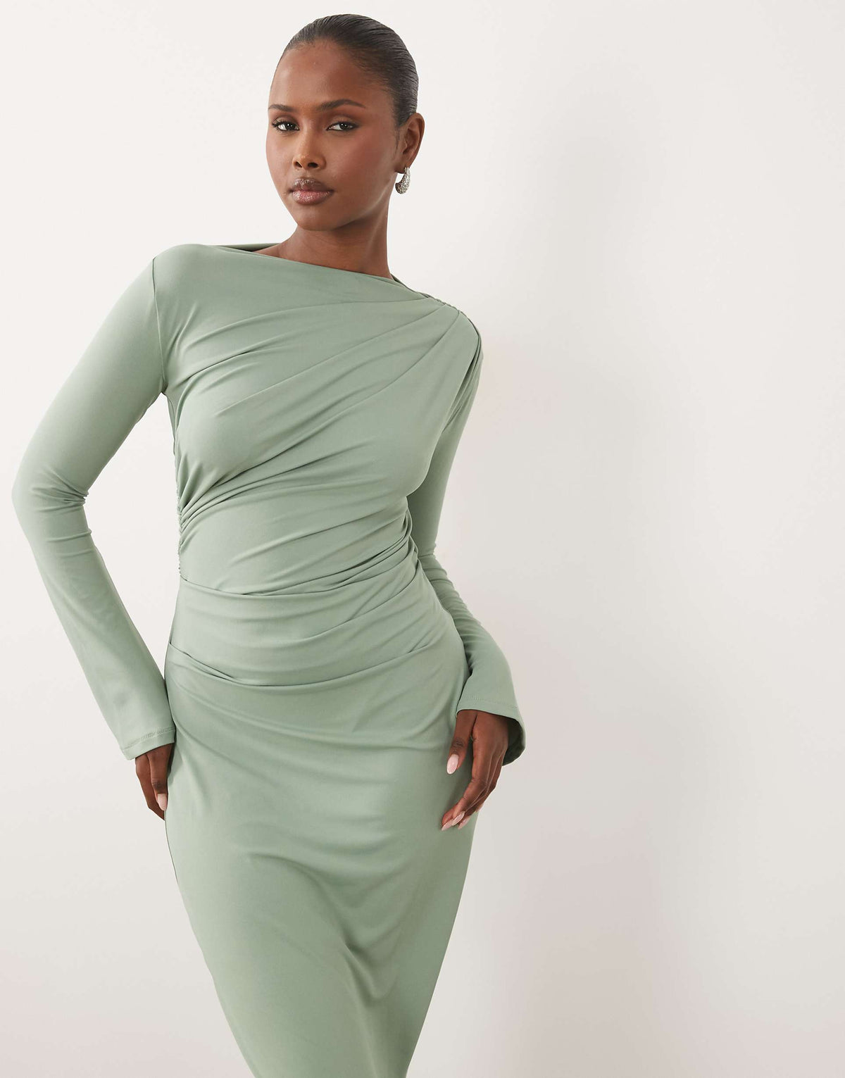 ASOS DESIGN asymmetric drape slash neck maxi dress in sage green