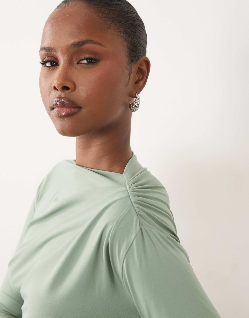 ASOS DESIGN asymmetric drape slash neck maxi dress in sage green