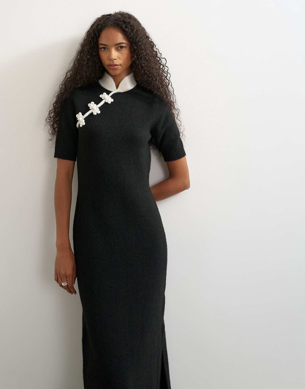 Topshop wool blend knit mandarin collar maxi dress in black and white