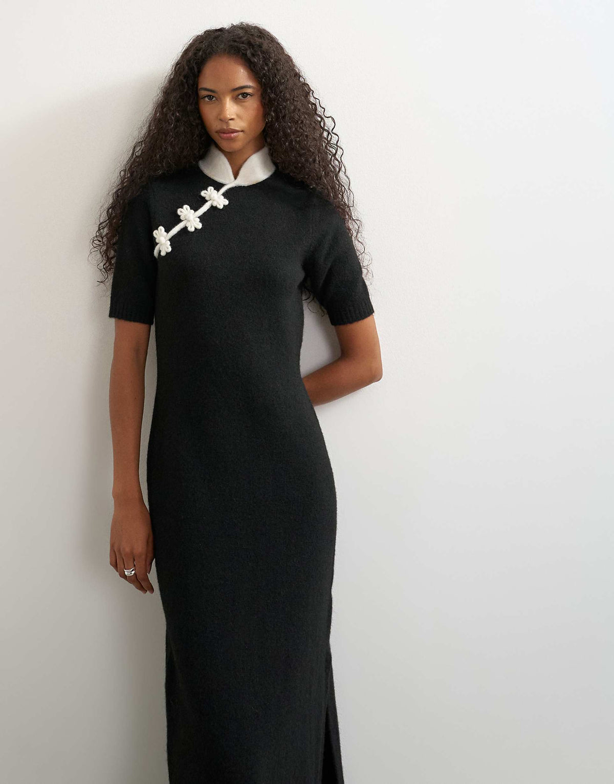 Topshop wool blend knit mandarin collar maxi dress in black and white