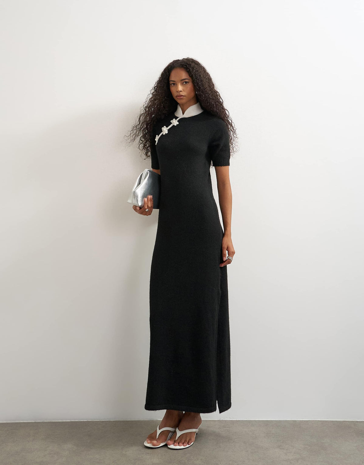 Topshop wool blend knit mandarin collar maxi dress in black and white