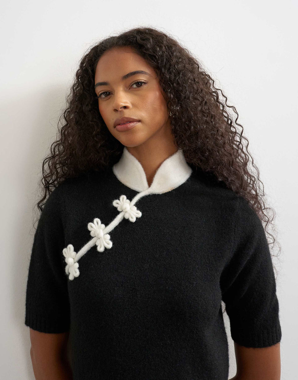 Topshop wool blend knit mandarin collar maxi dress in black and white