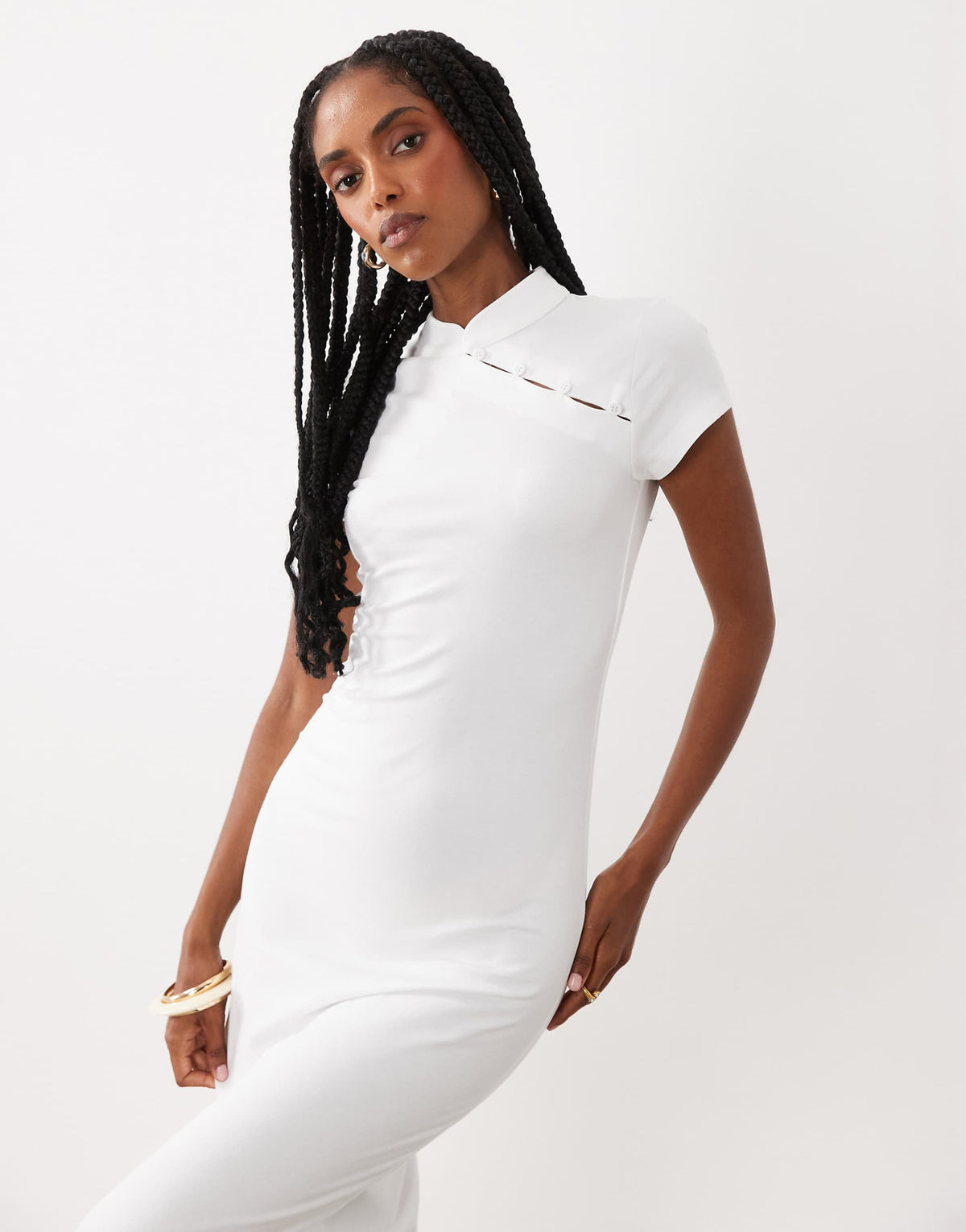 ASOS DESIGN cap sleeve with rouleau loop midi dress in cream