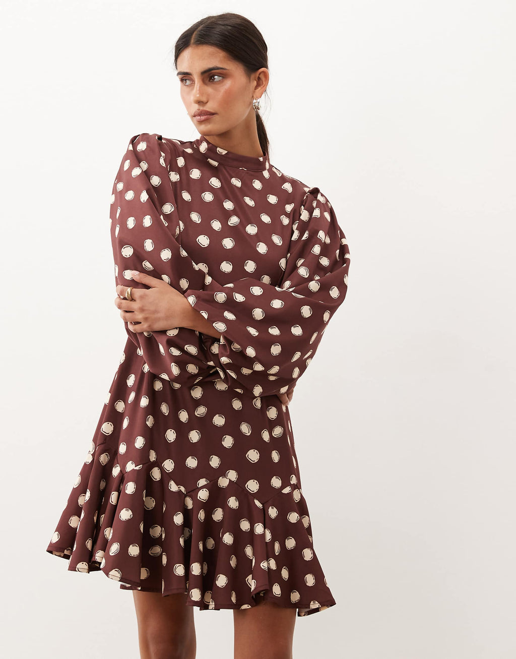 Sister Jane Illume exclusive high neck balloon sleeve ruffle drop hem mini dress in brown and cream polka dot
