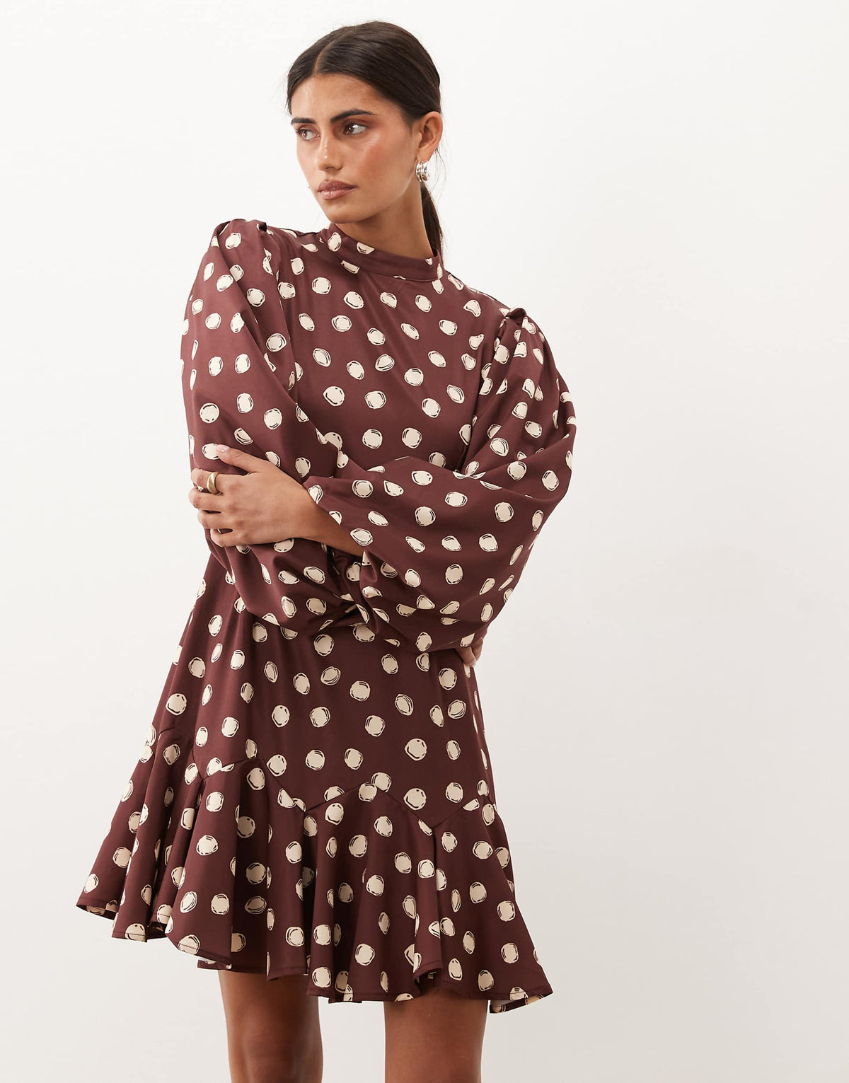 Sister Jane Illume exclusive high neck balloon sleeve ruffle drop hem mini dress in brown and cream polka dot