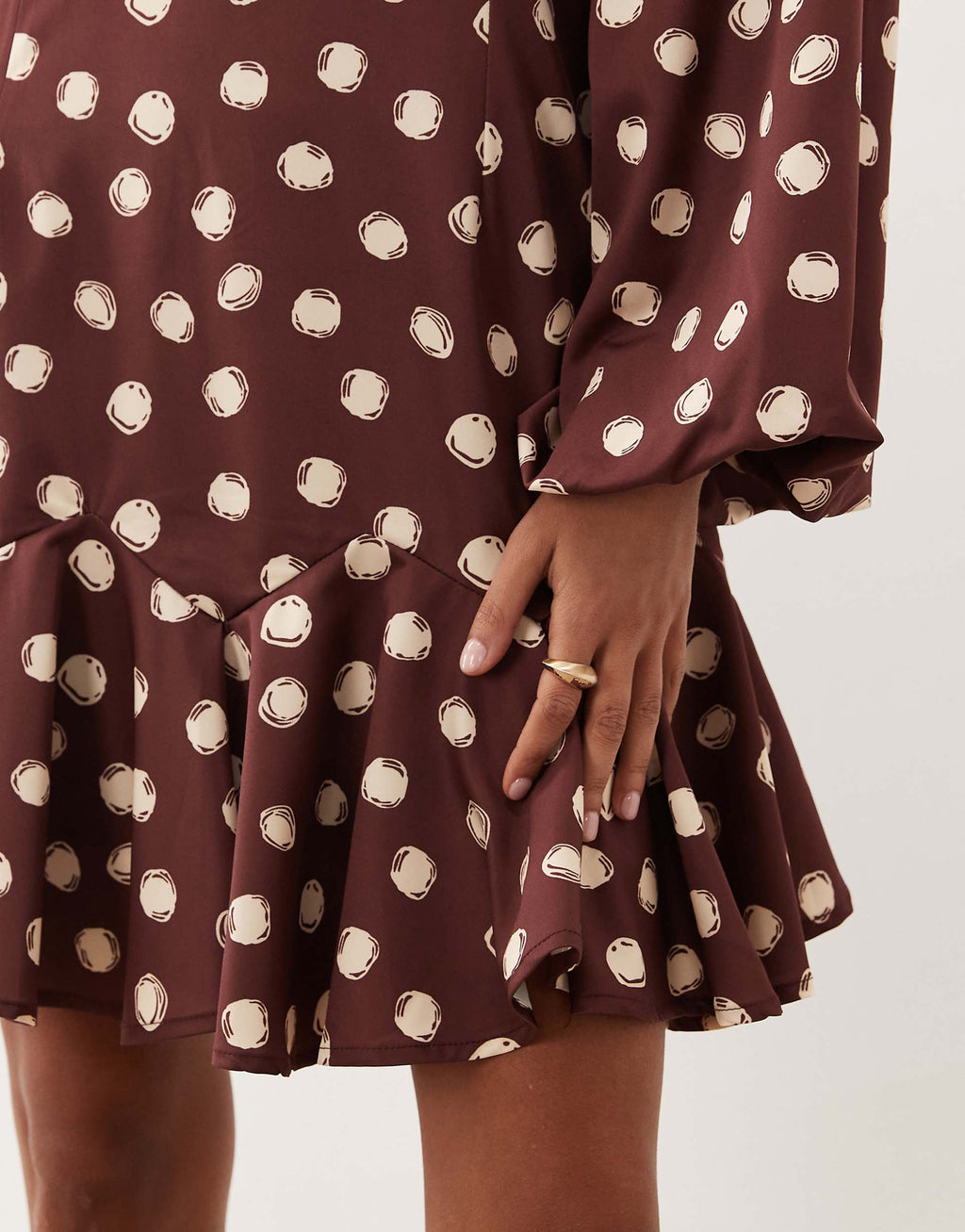 Sister Jane Illume exclusive high neck balloon sleeve ruffle drop hem mini dress in brown and cream polka dot