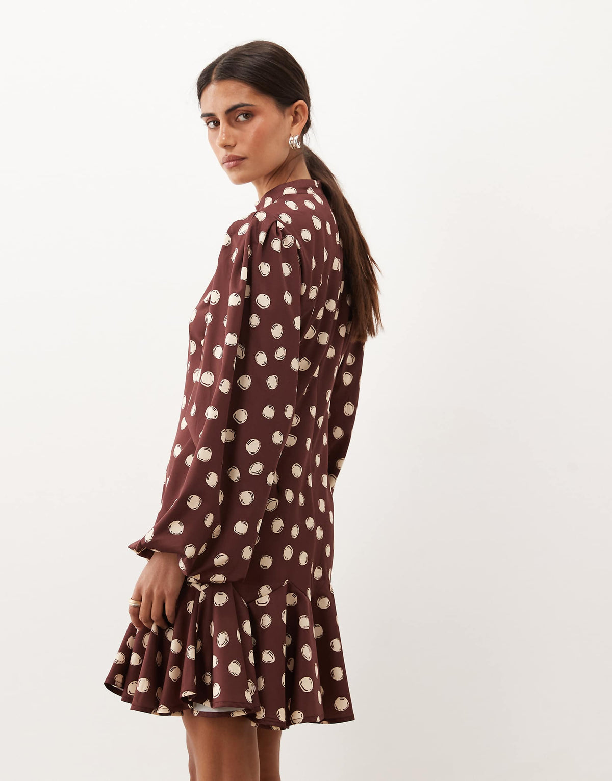 Sister Jane Illume exclusive high neck balloon sleeve ruffle drop hem mini dress in brown and cream polka dot