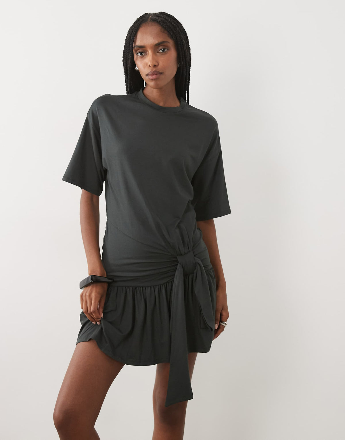 ASOS DESIGN sarong style t-shirt dress with frill hem in khaki green