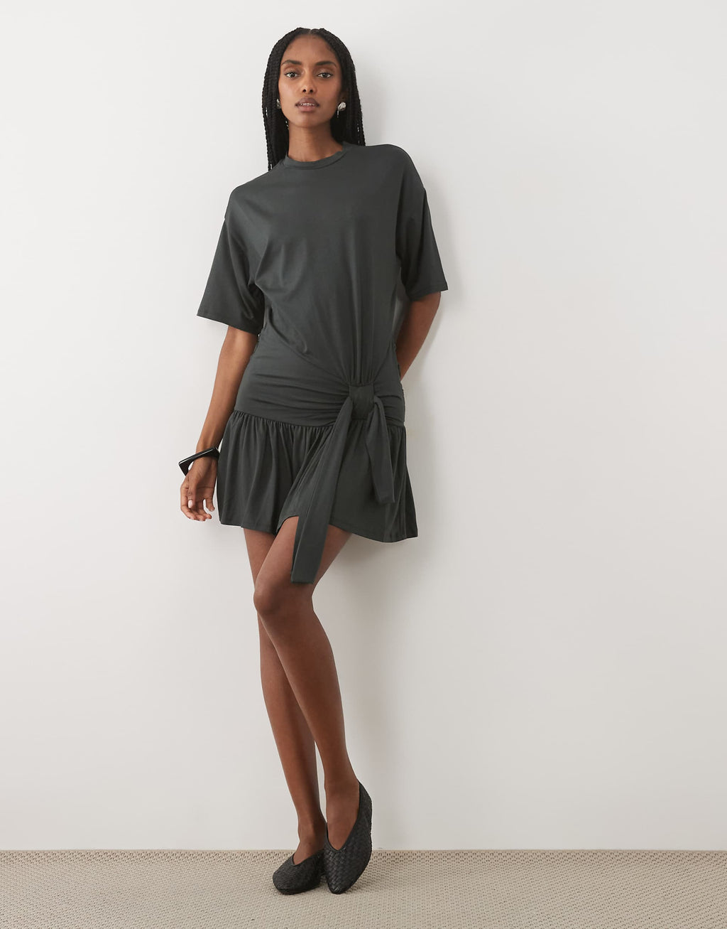 ASOS DESIGN sarong style t-shirt dress with frill hem in khaki green
