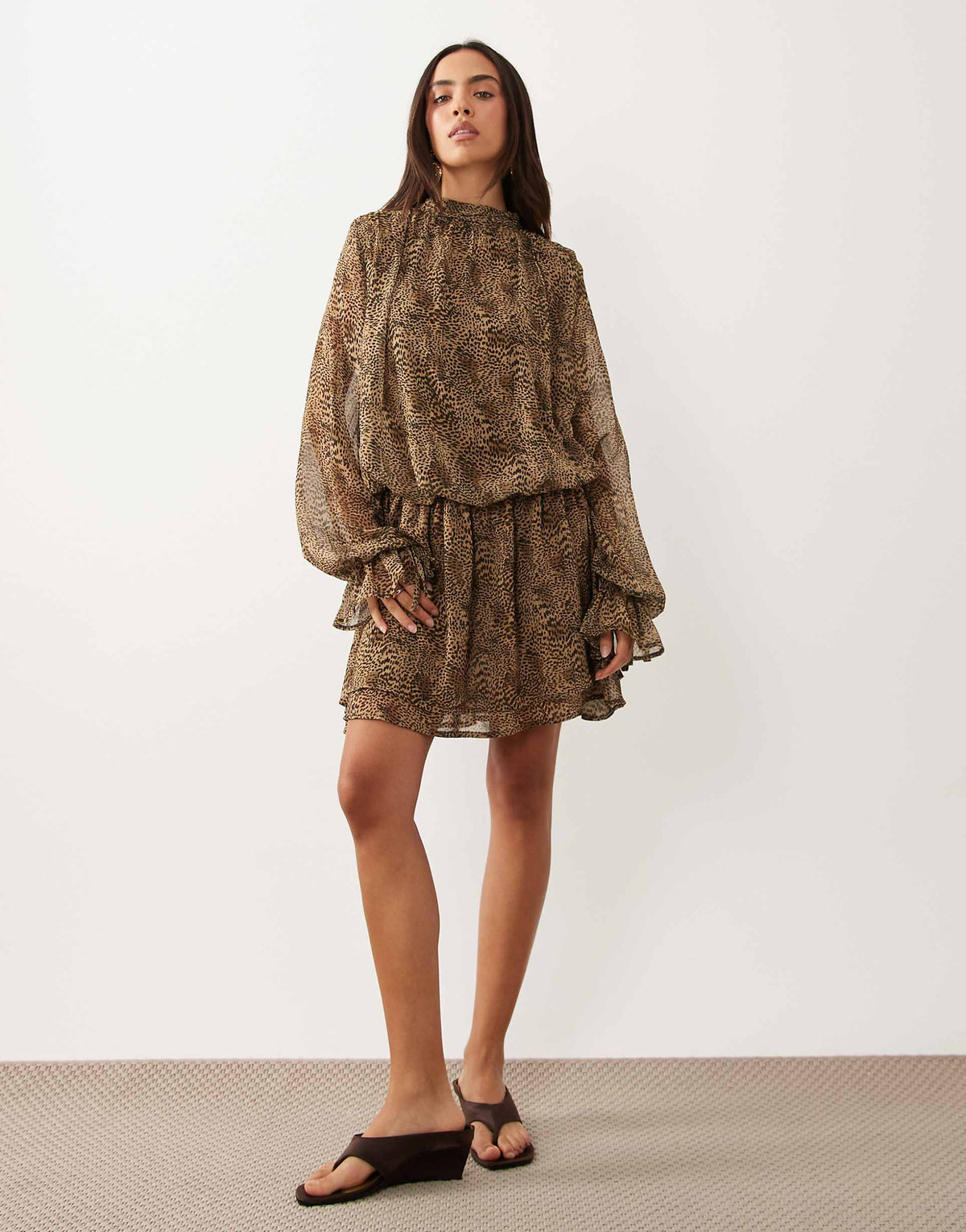 Gina Tricot long sleeve chiffon mini dress in brown leopard print
