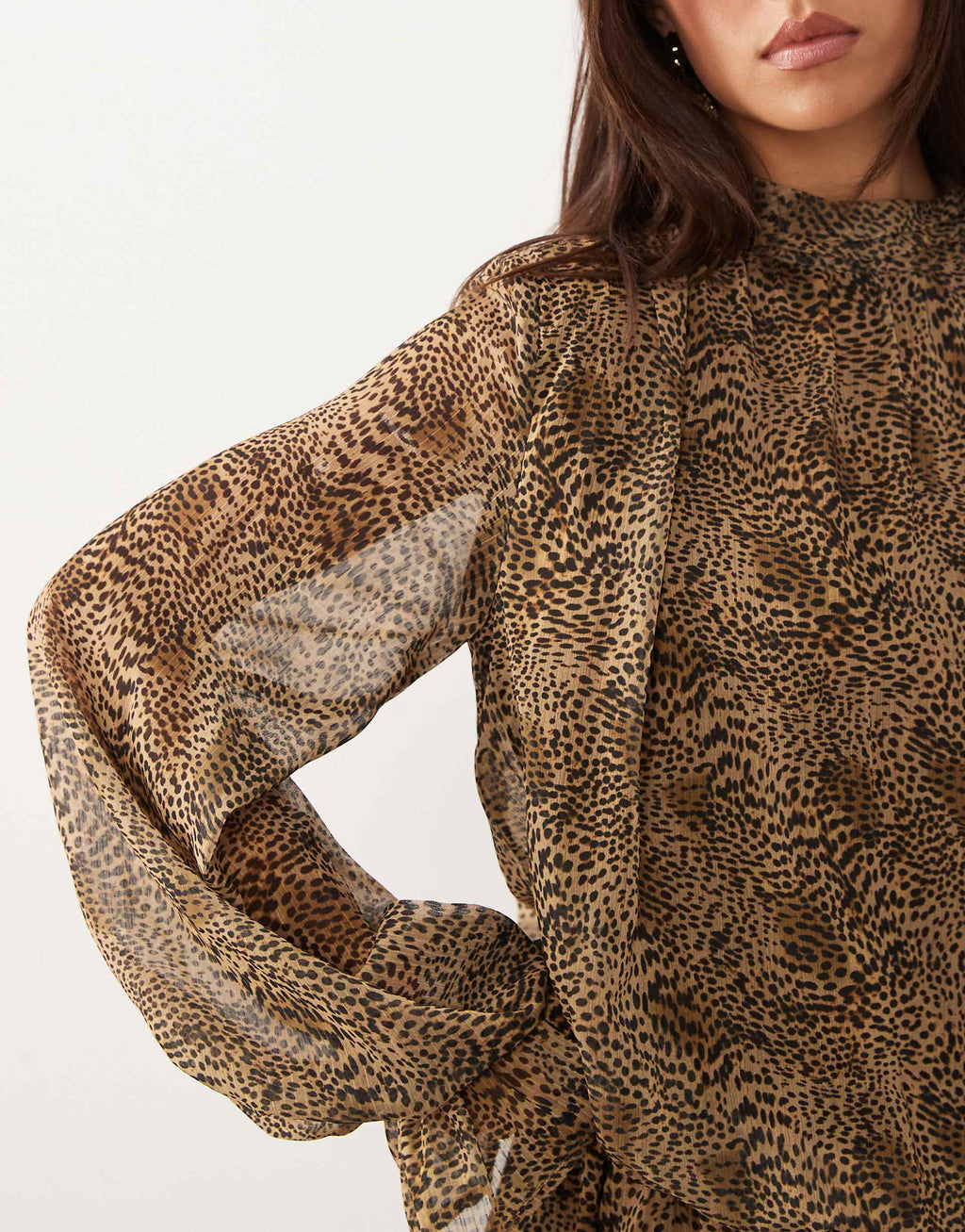 Gina Tricot long sleeve chiffon mini dress in brown leopard print