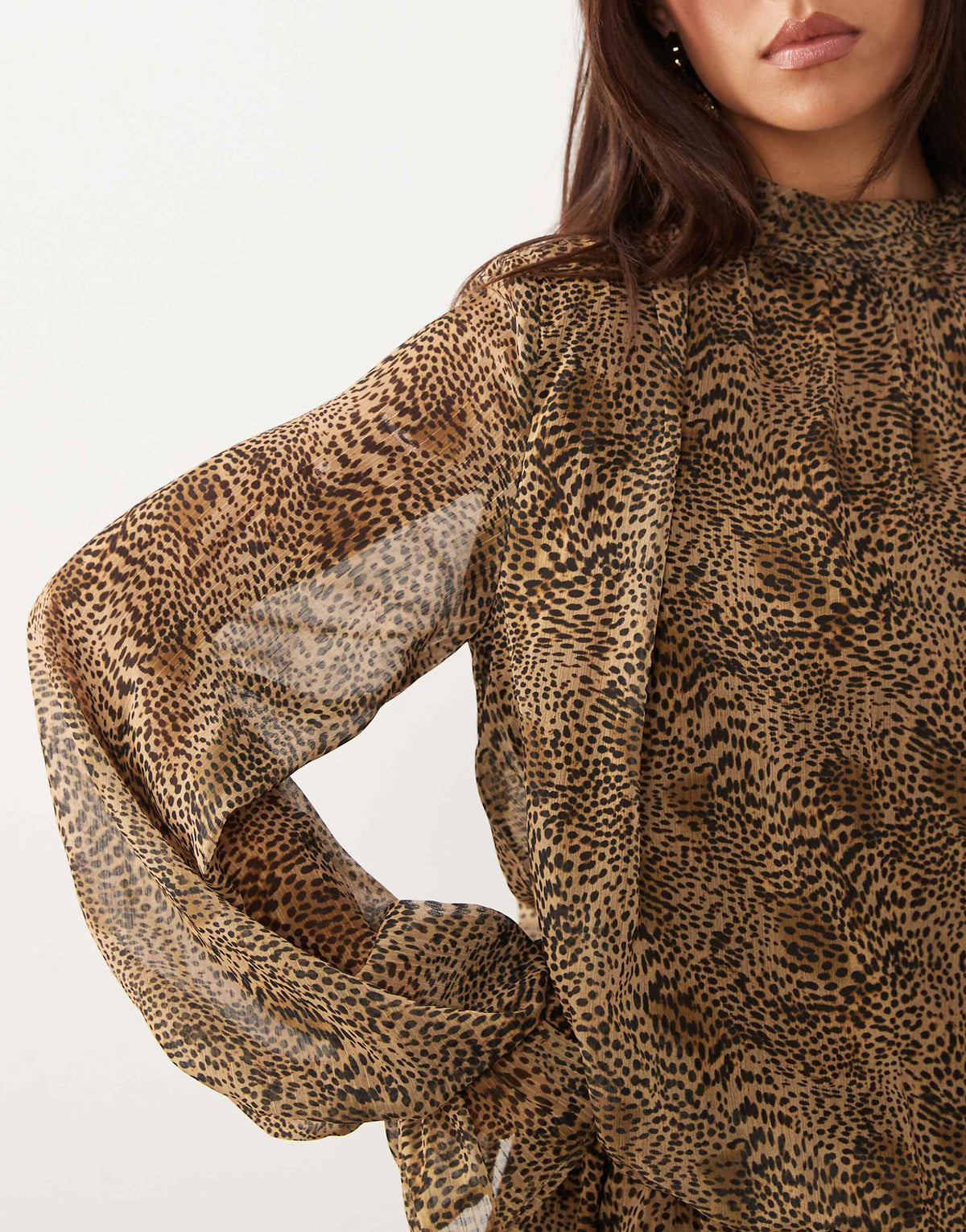 Gina Tricot long sleeve chiffon mini dress in brown leopard print