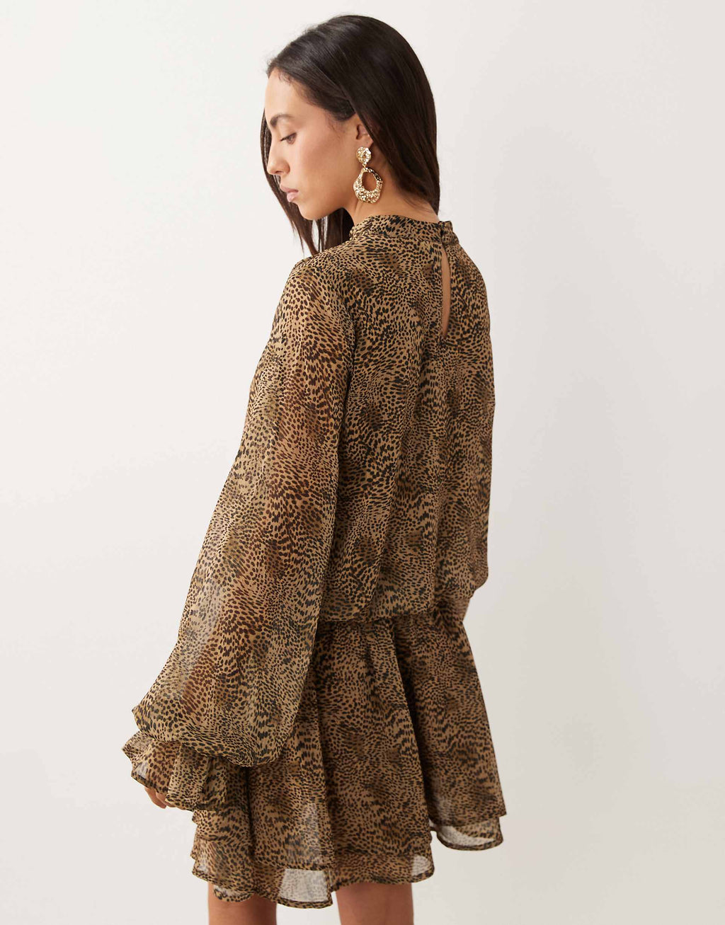 Gina Tricot long sleeve chiffon mini dress in brown leopard print
