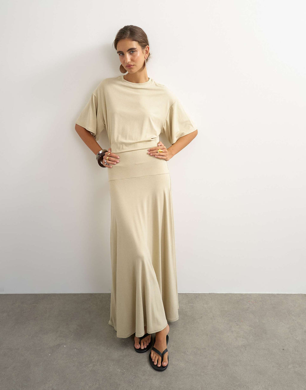 Topshop viscose blend jersey dropped waist maxi dress in stone
