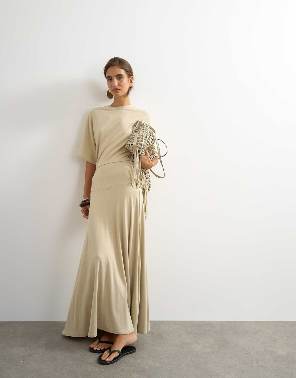 Topshop viscose blend jersey dropped waist maxi dress in stone