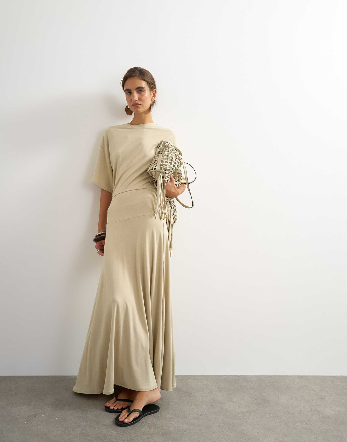 Topshop viscose blend jersey dropped waist maxi dress in stone