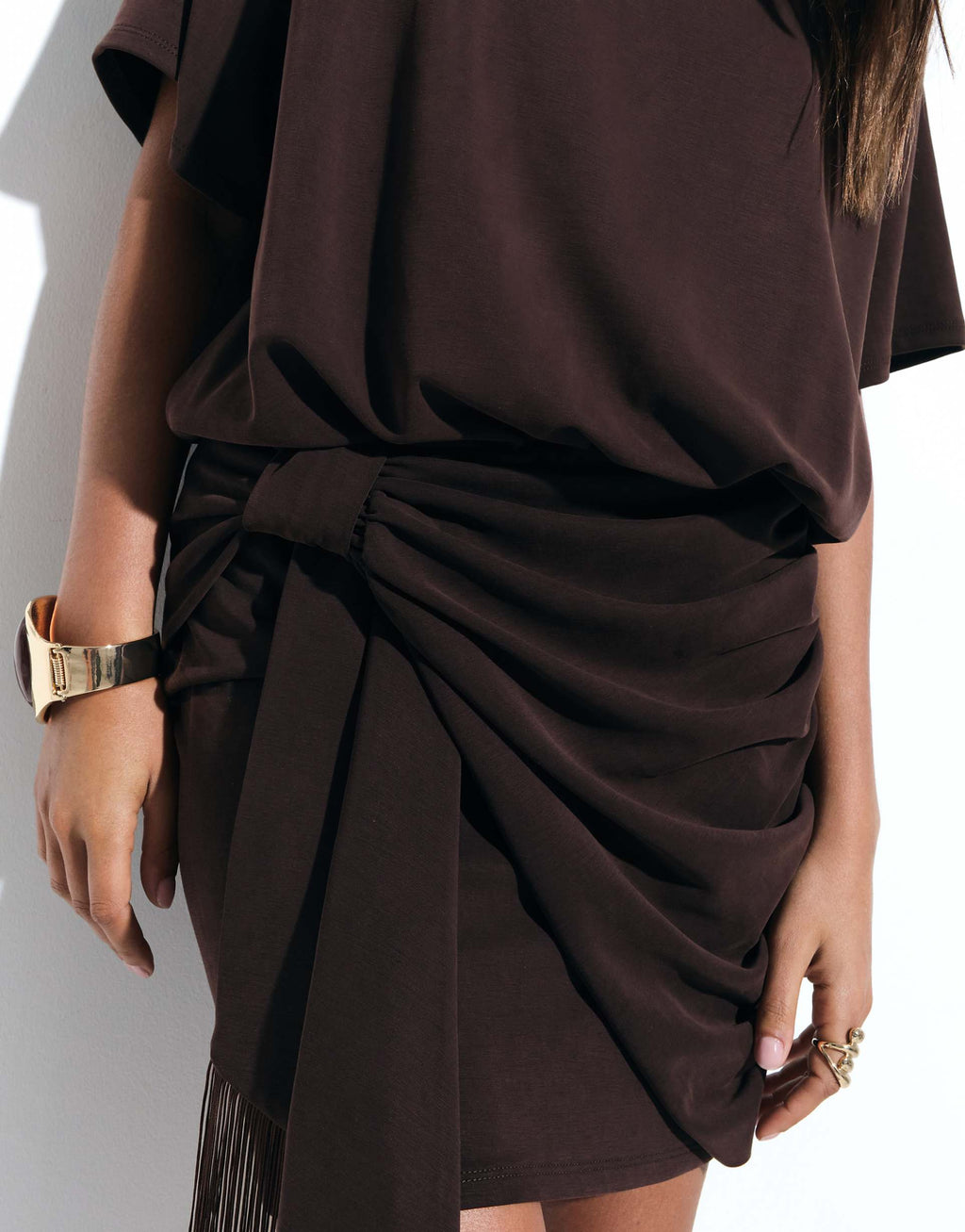 ASOS DESIGN modal short sleeve mini dress with fringed tie detail in chocolate