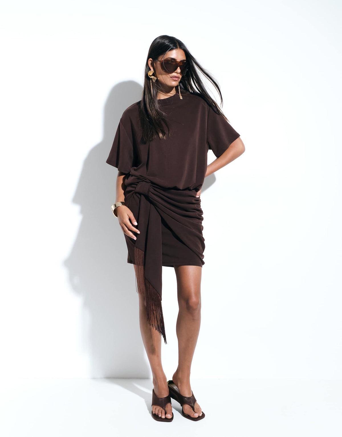 ASOS DESIGN modal short sleeve mini dress with fringed tie detail in chocolate